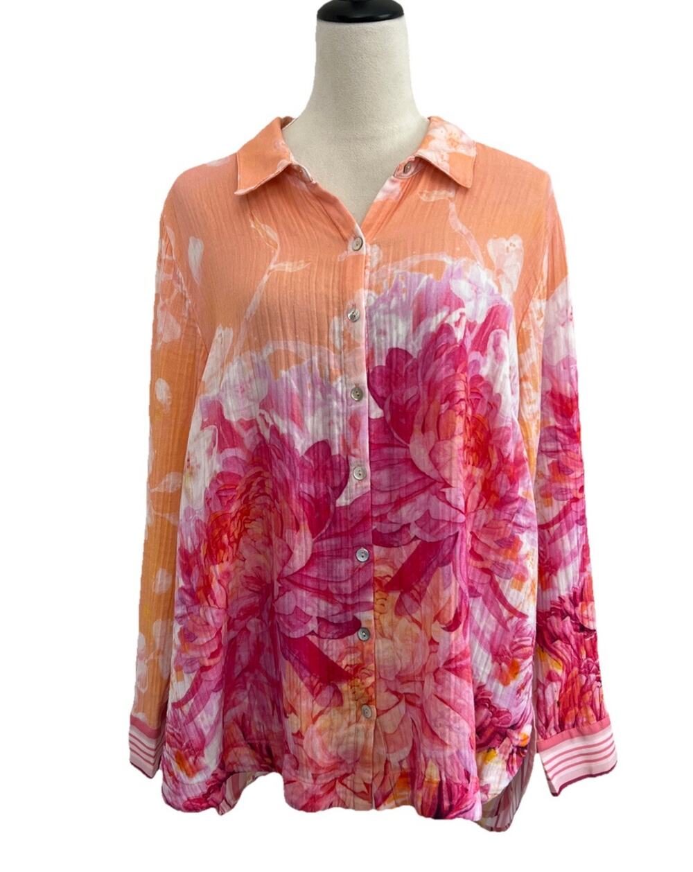 Soft Surroundings Blouse Top Womens 1X Altura Gauzy Floral Tunic Button Front